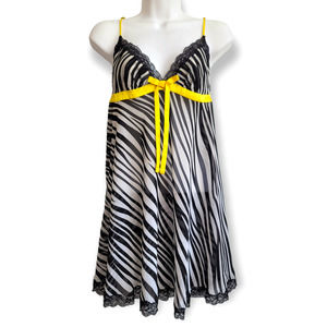 Vintage Betsey Johnson Zebra Printed Lace Babydoll Yellow Bow Tie Size M